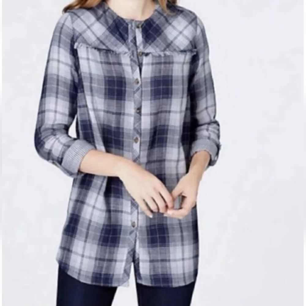 Cotton gauze plaid airy button down tunic shirt size s